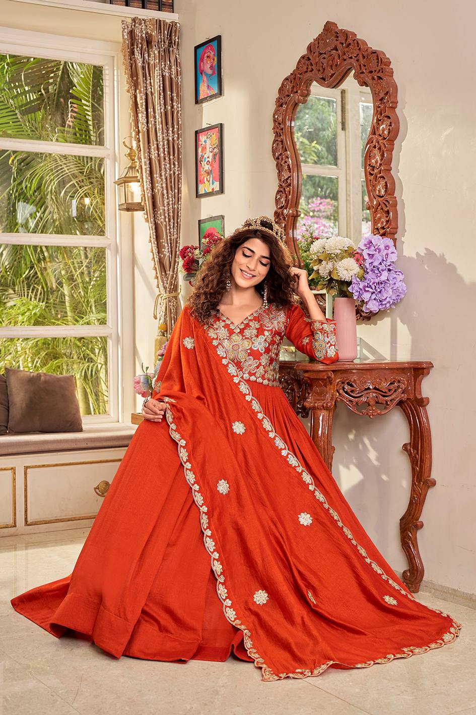 Burnt Orange Artisanal Zardosi Anarkali Set