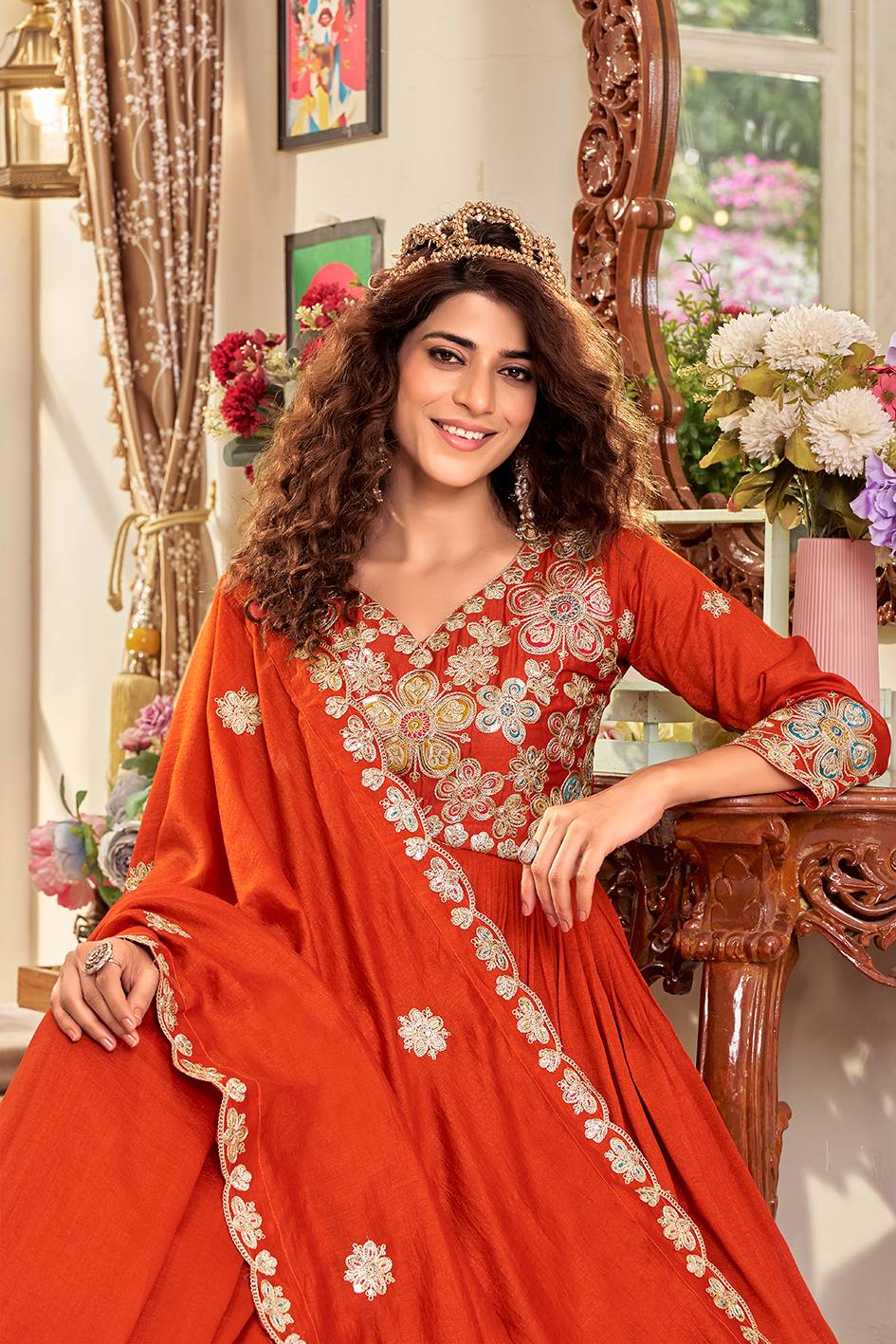 Burnt Orange Artisanal Zardosi Anarkali Set