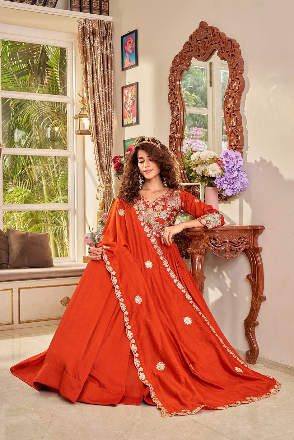 Burnt Orange Artisanal Zardosi Anarkali Set