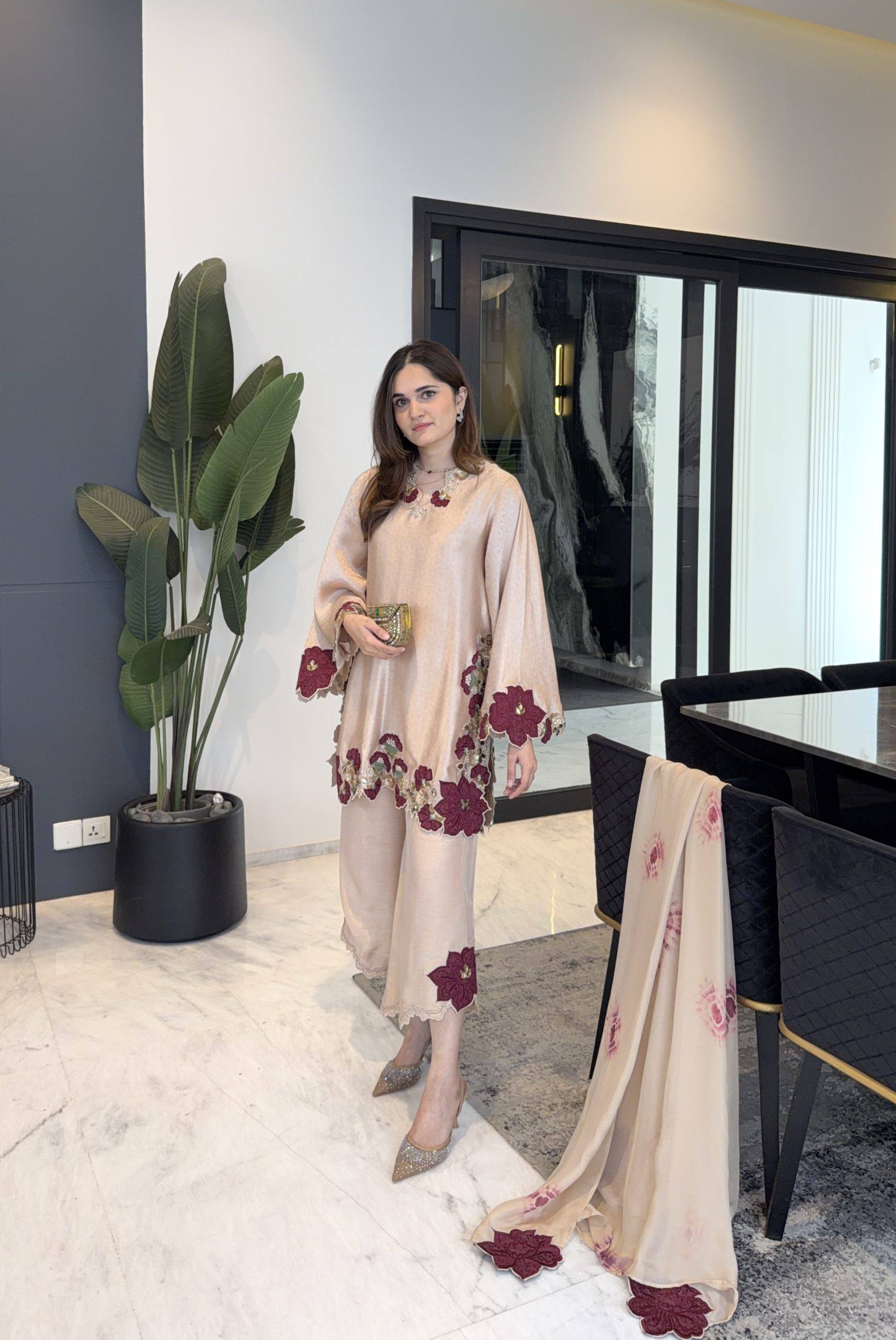 Luxury Champagne Embroidered Designer Suit Set with Floral Detailing