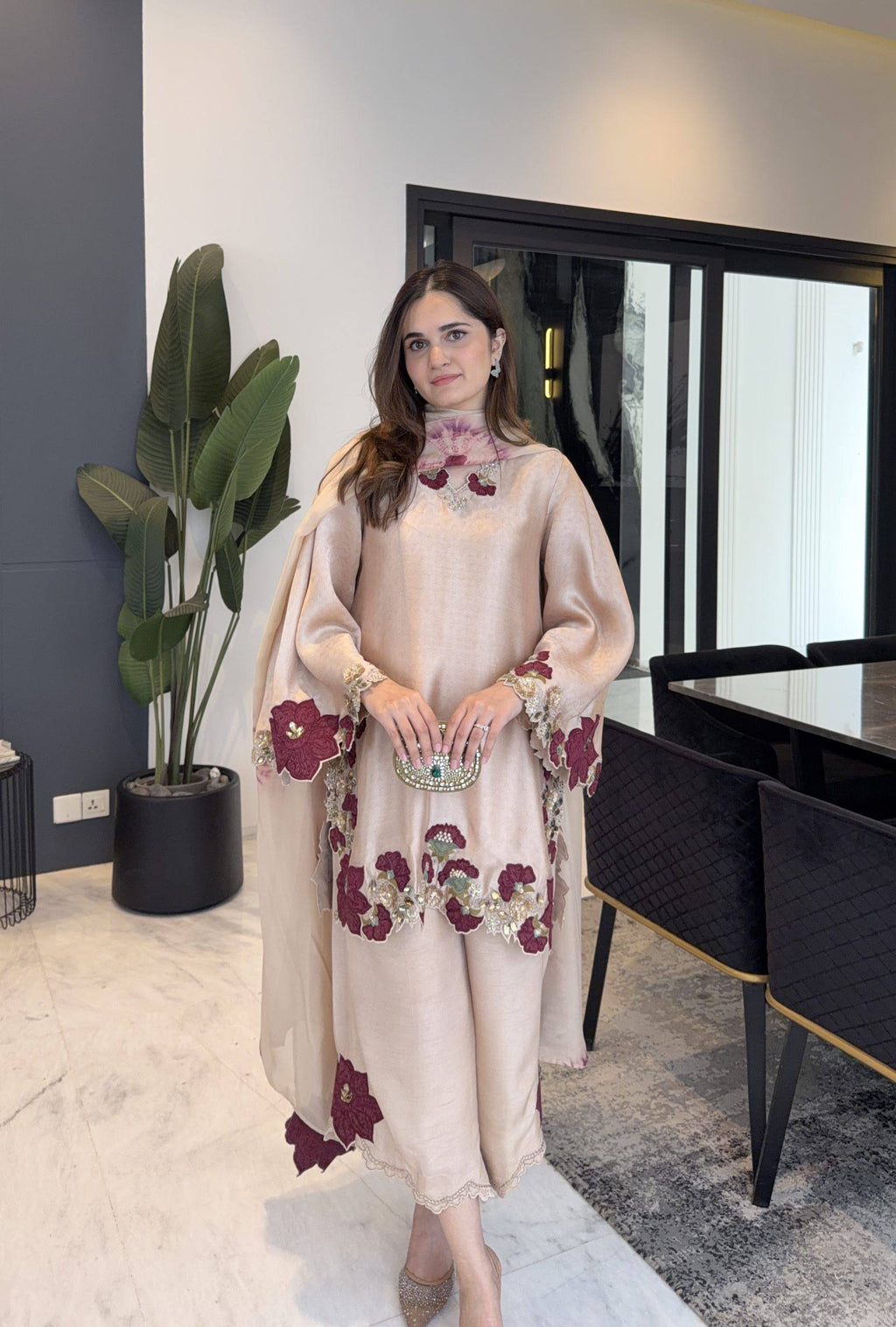 Luxury Champagne Embroidered Designer Suit Set with Floral Detailing