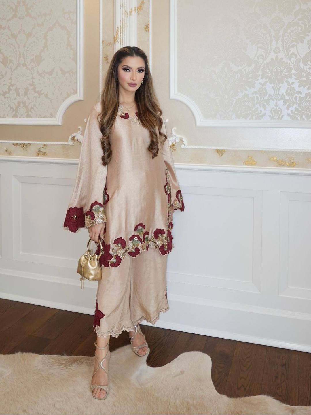 Luxury Champagne Embroidered Designer Suit Set with Floral Detailing