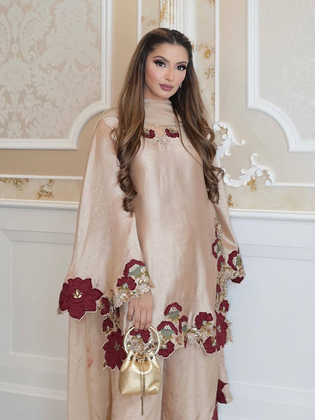 Luxury Champagne Embroidered Designer Suit Set with Floral Detailing