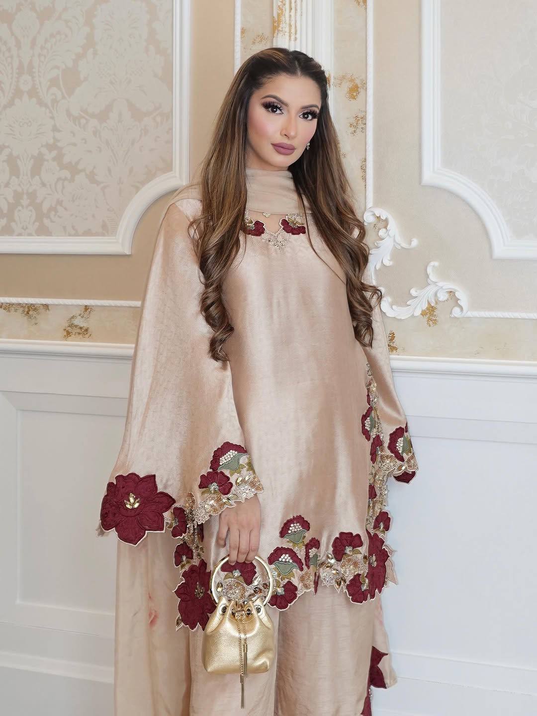 Luxury Champagne Embroidered Designer Suit Set with Floral Detailing