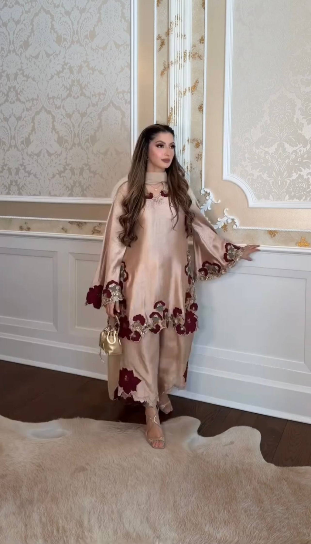 Luxury Champagne Embroidered Designer Suit Set with Floral Detailing