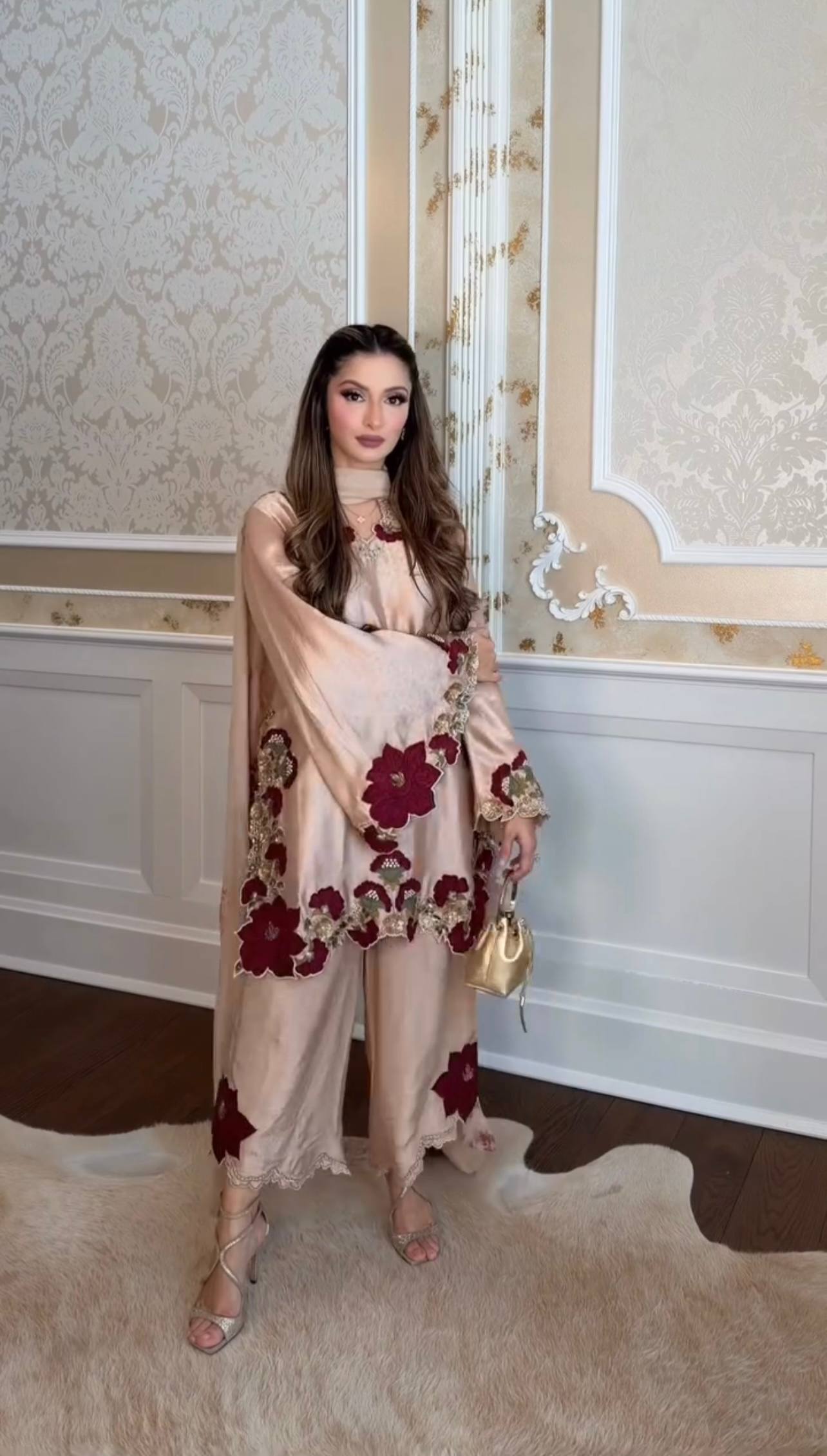 Luxury Champagne Embroidered Designer Suit Set with Floral Detailing
