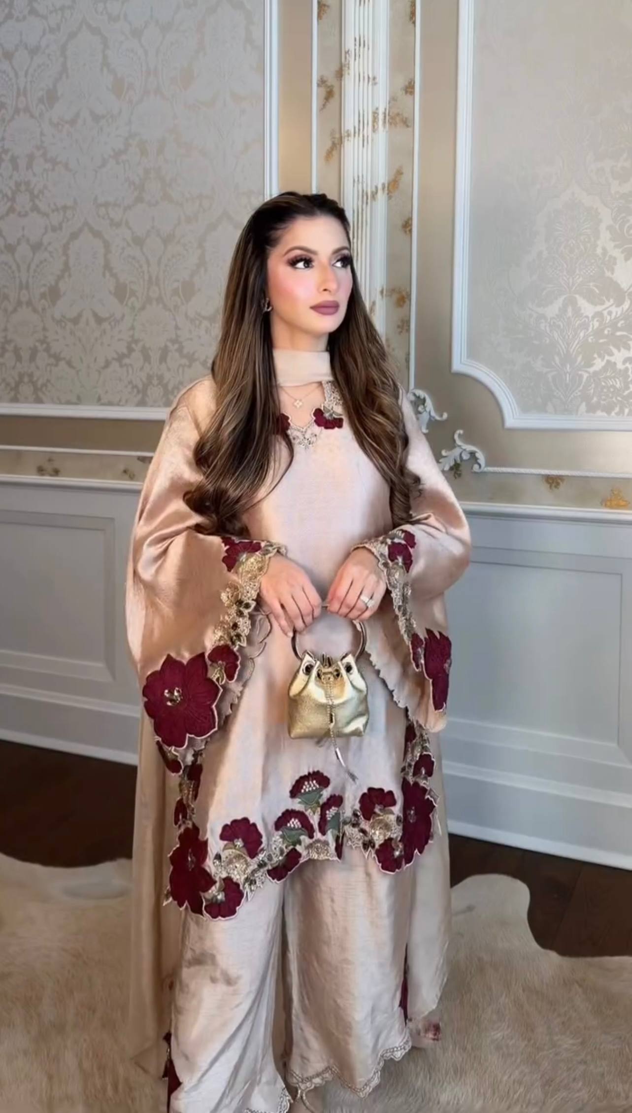 Luxury Champagne Embroidered Designer Suit Set with Floral Detailing