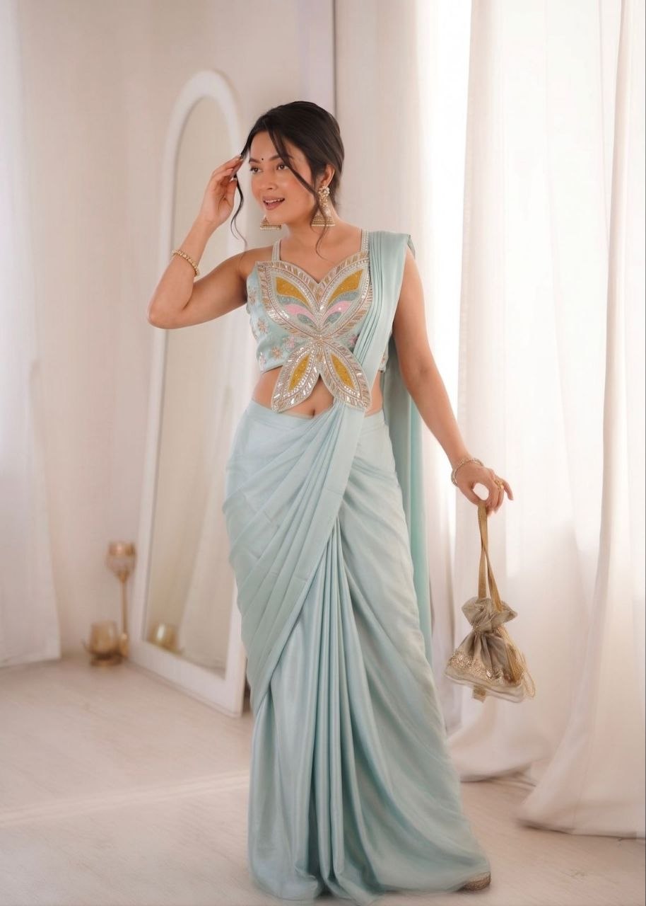 Sky Blue Mirror-Work Embroidered Sharara Set