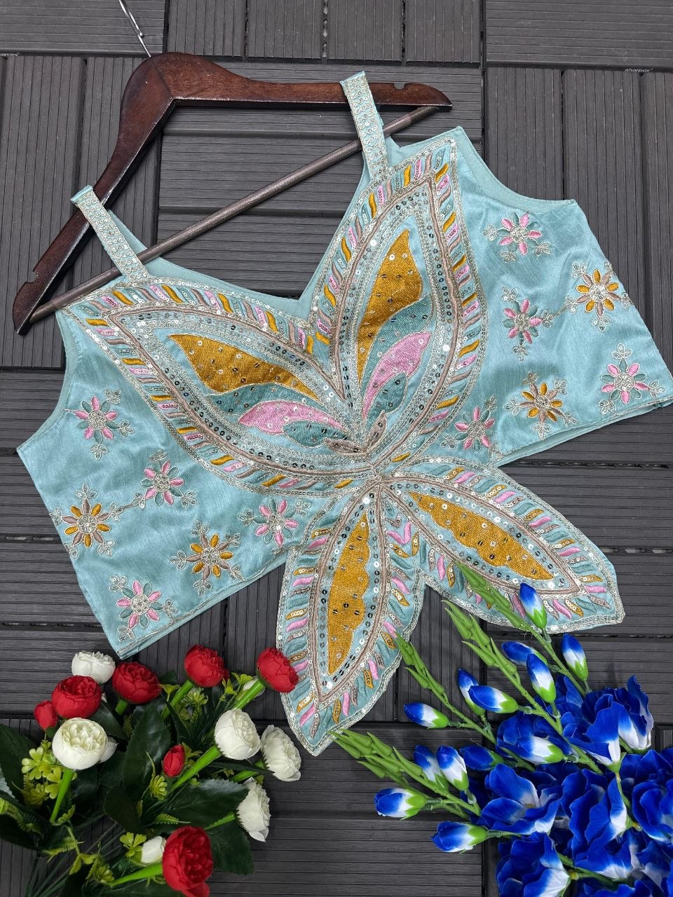 Sky Blue Mirror-Work Embroidered Sharara Set