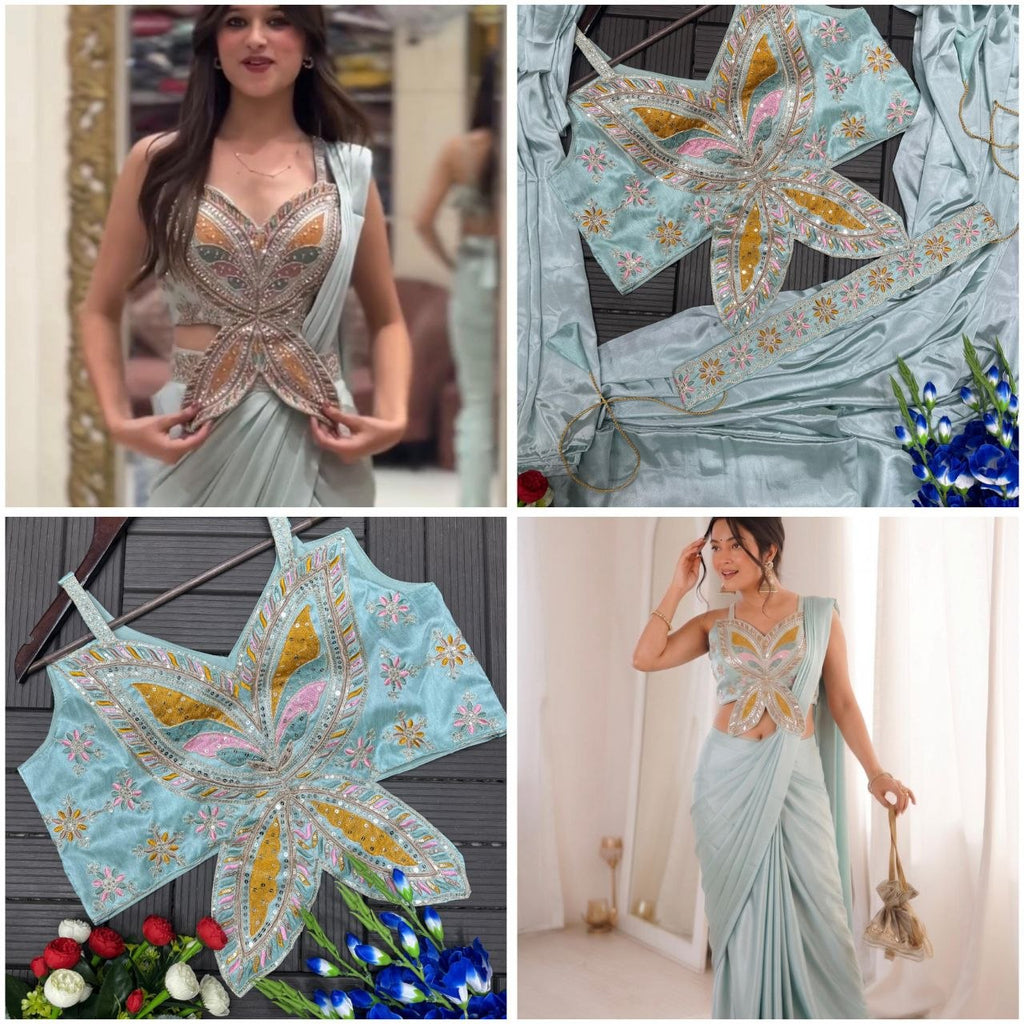 Sky Blue Mirror-Work Embroidered Sharara Set