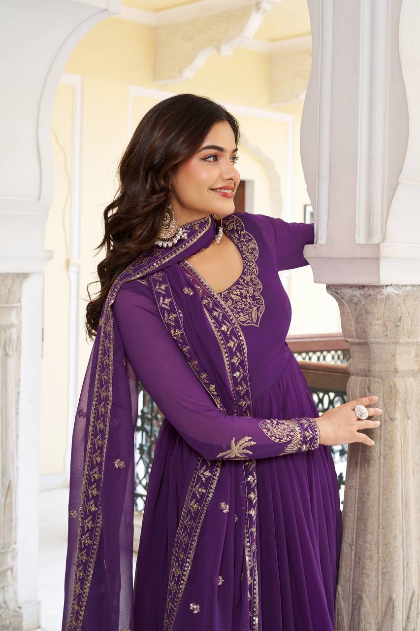 Deep Purple Embroidered Georgette Anarkali Set