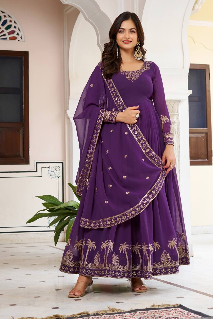 Deep Purple Embroidered Georgette Anarkali Set