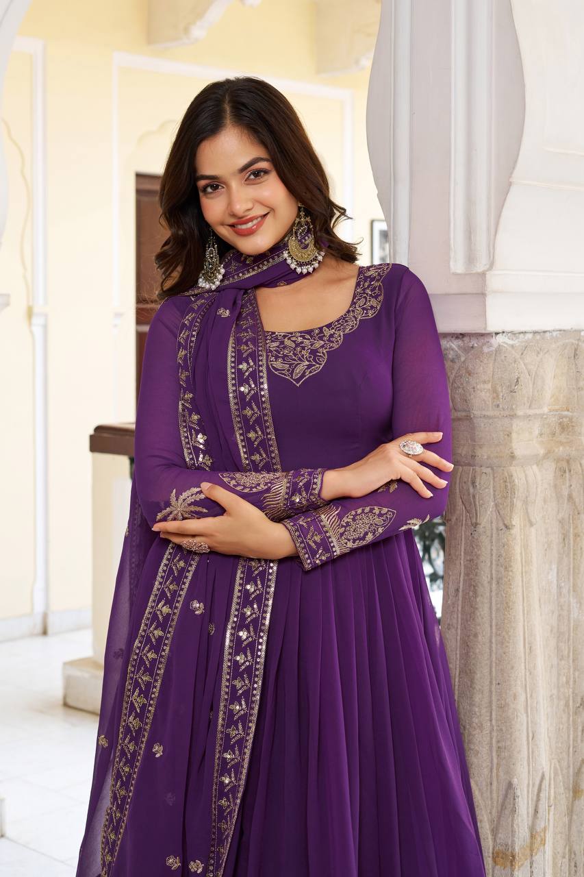 Deep Purple Embroidered Georgette Anarkali Set