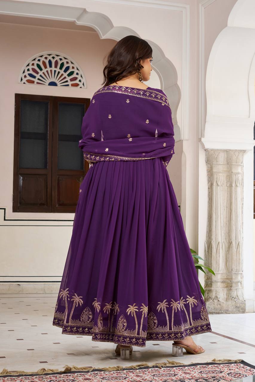 Deep Purple Embroidered Georgette Anarkali Set