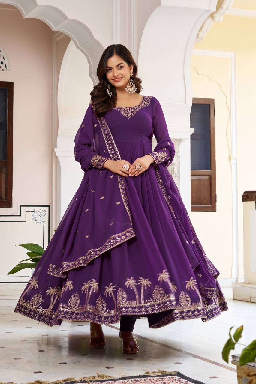 Deep Purple Embroidered Georgette Anarkali Set