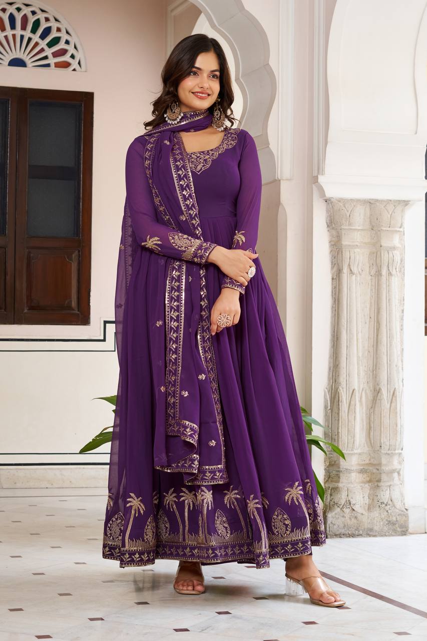 Deep Purple Embroidered Georgette Anarkali Set