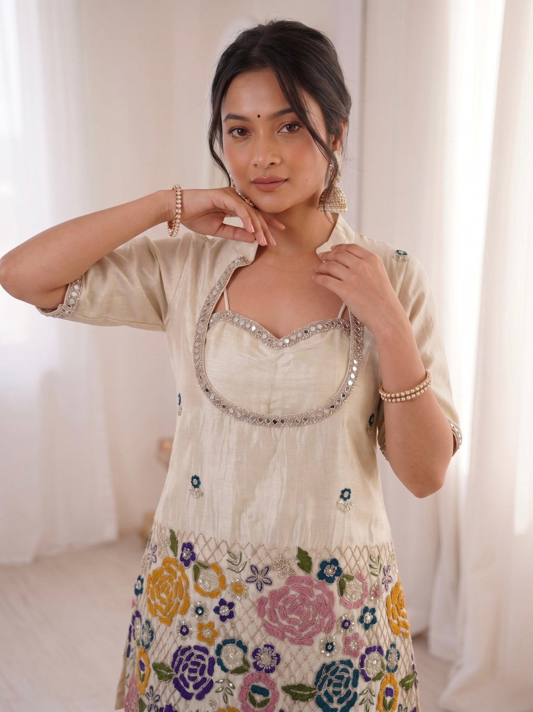 Mint Green Floral Zari Embroidered Sharara Set