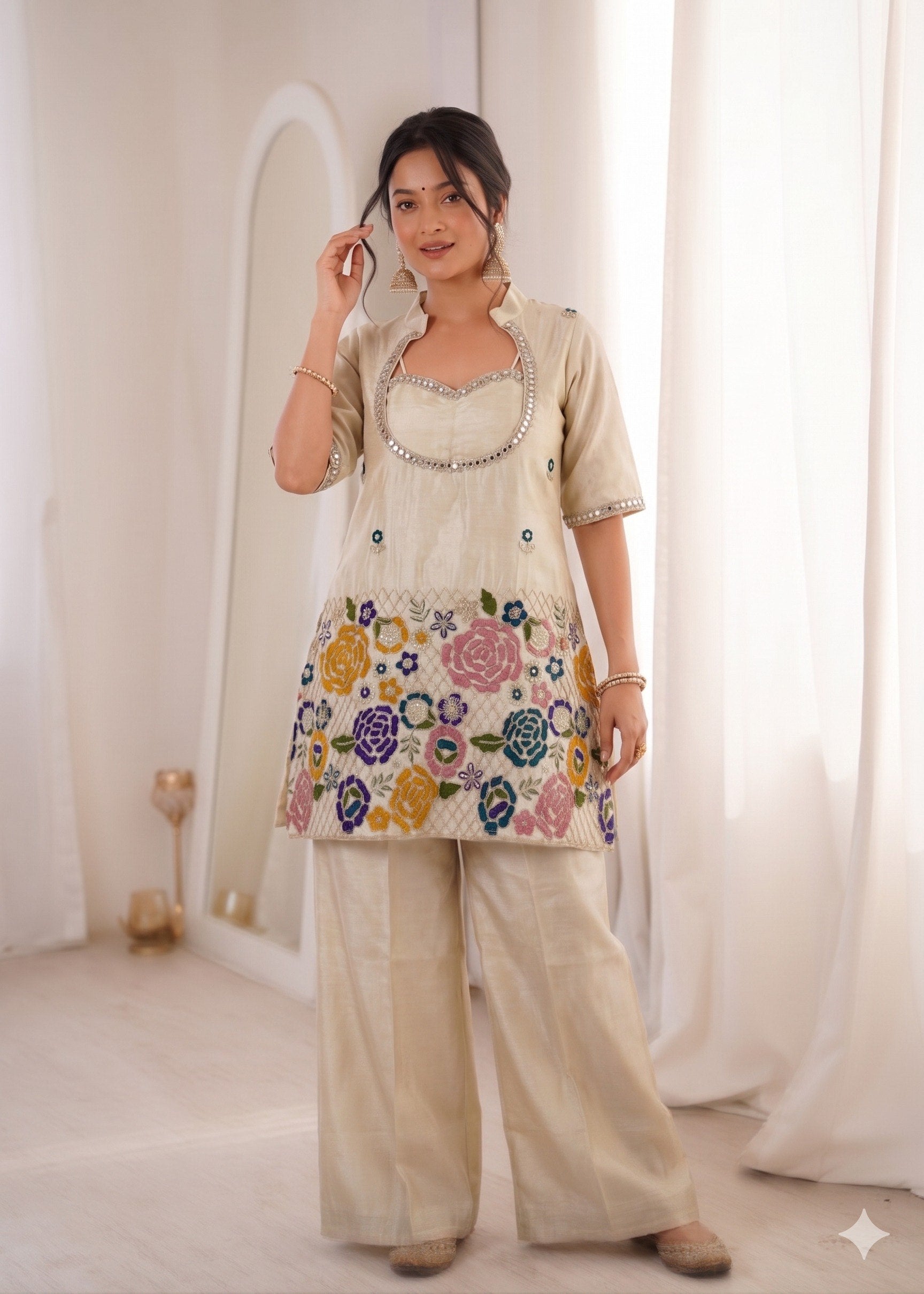 Mint Green Floral Zari Embroidered Sharara Set