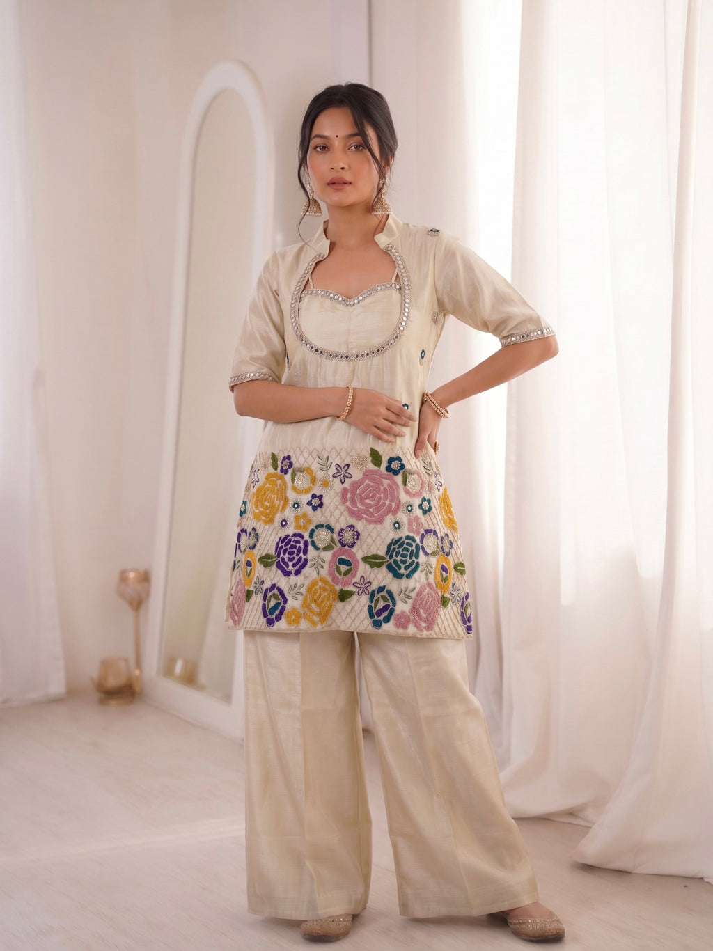 Mint Green Floral Zari Embroidered Sharara Set