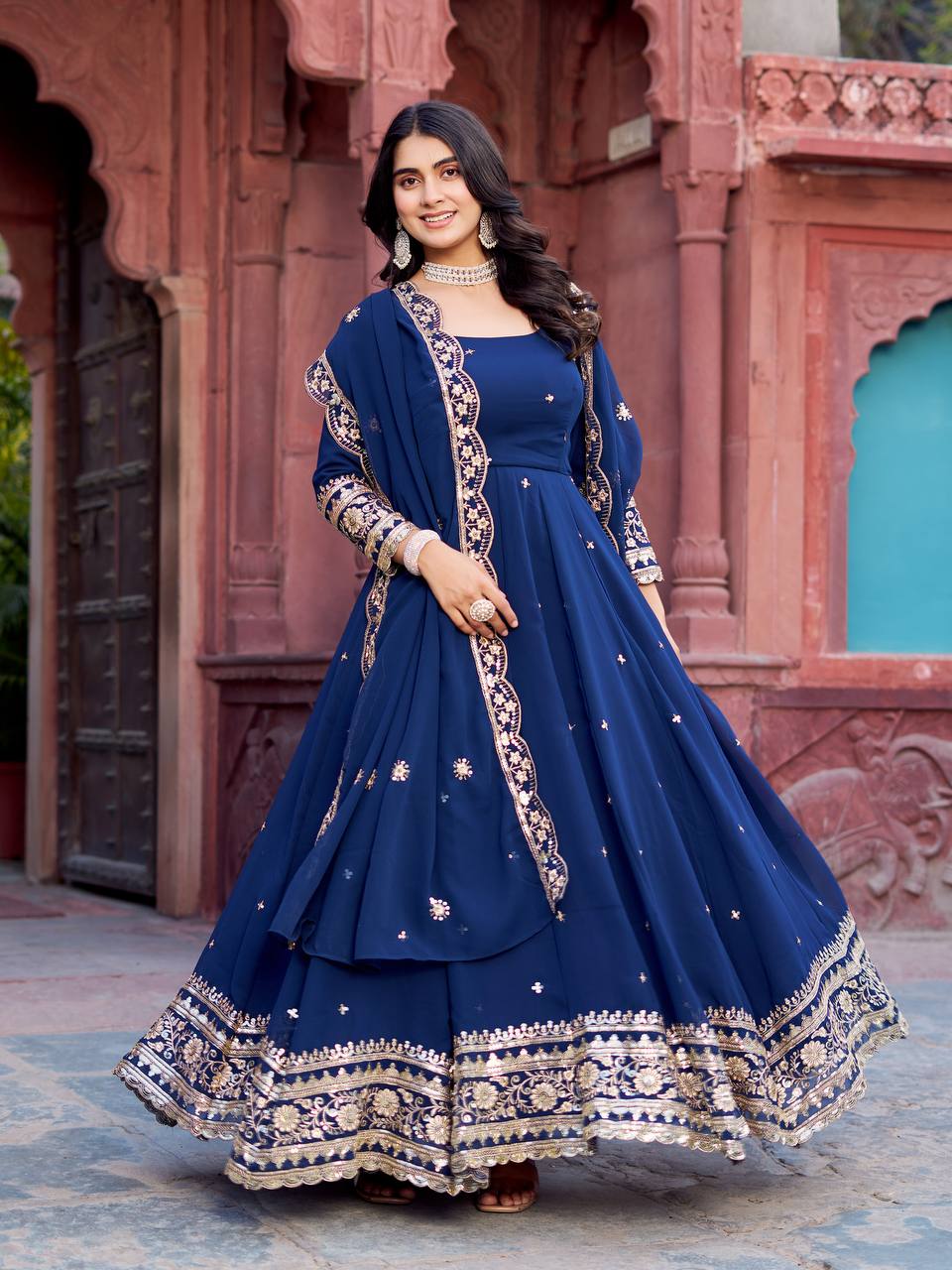 Navy Blue Heavy Embroidered Anarkali Gown Set