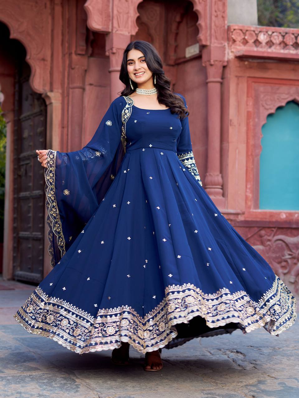 Navy Blue Heavy Embroidered Anarkali Gown Set