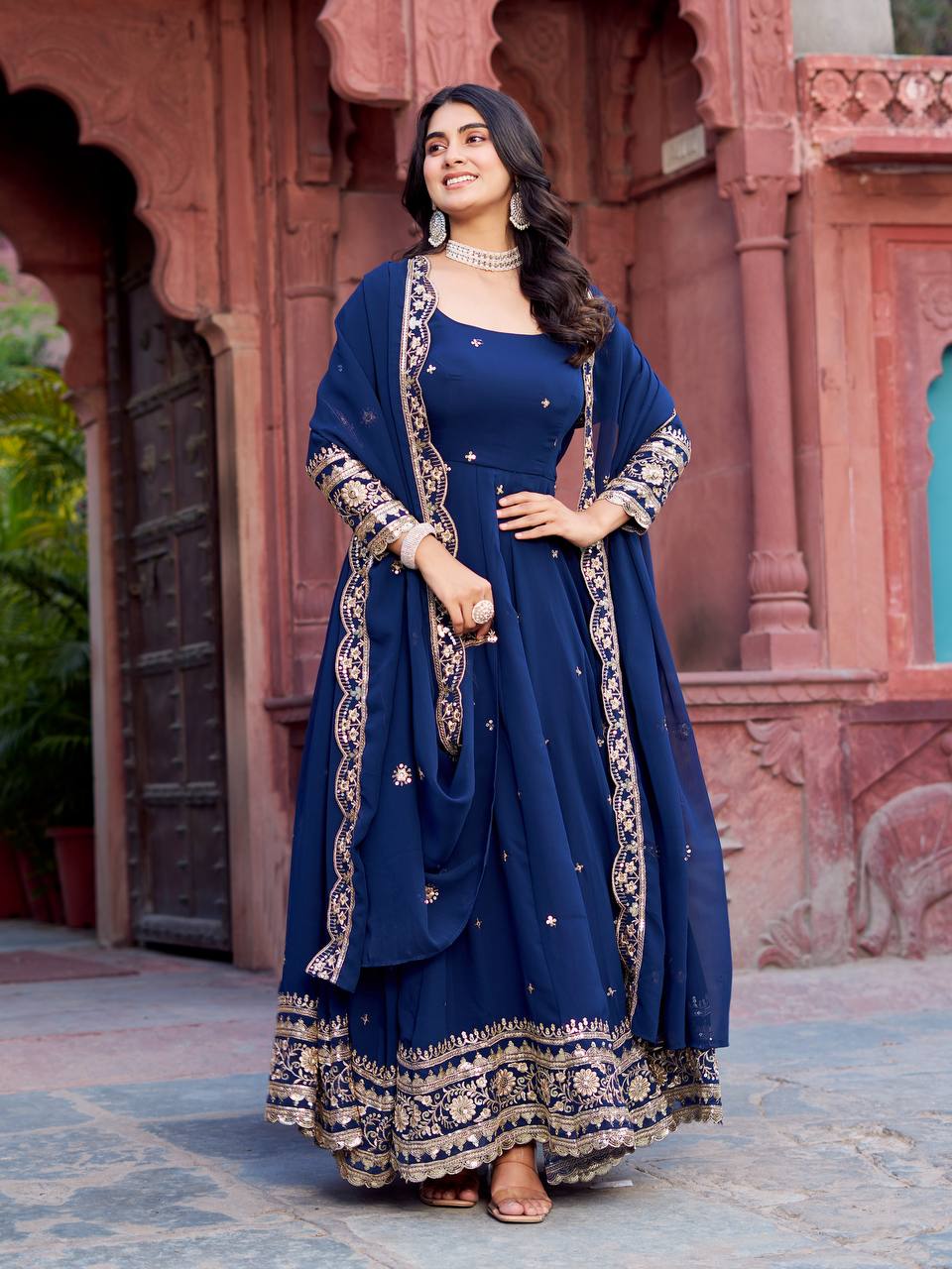 Navy Blue Heavy Embroidered Anarkali Gown Set