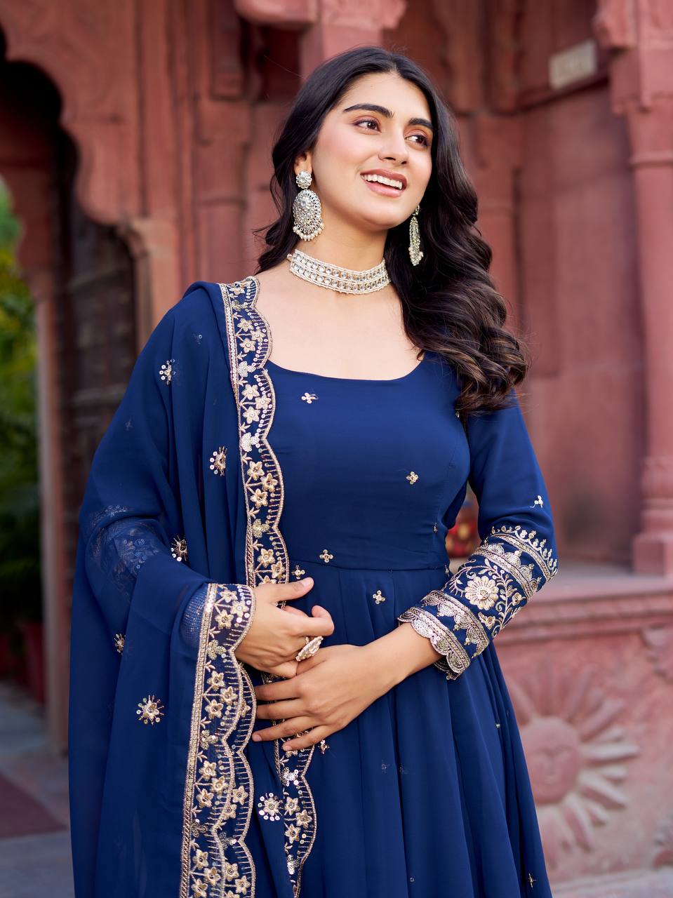 Navy Blue Heavy Embroidered Anarkali Gown Set