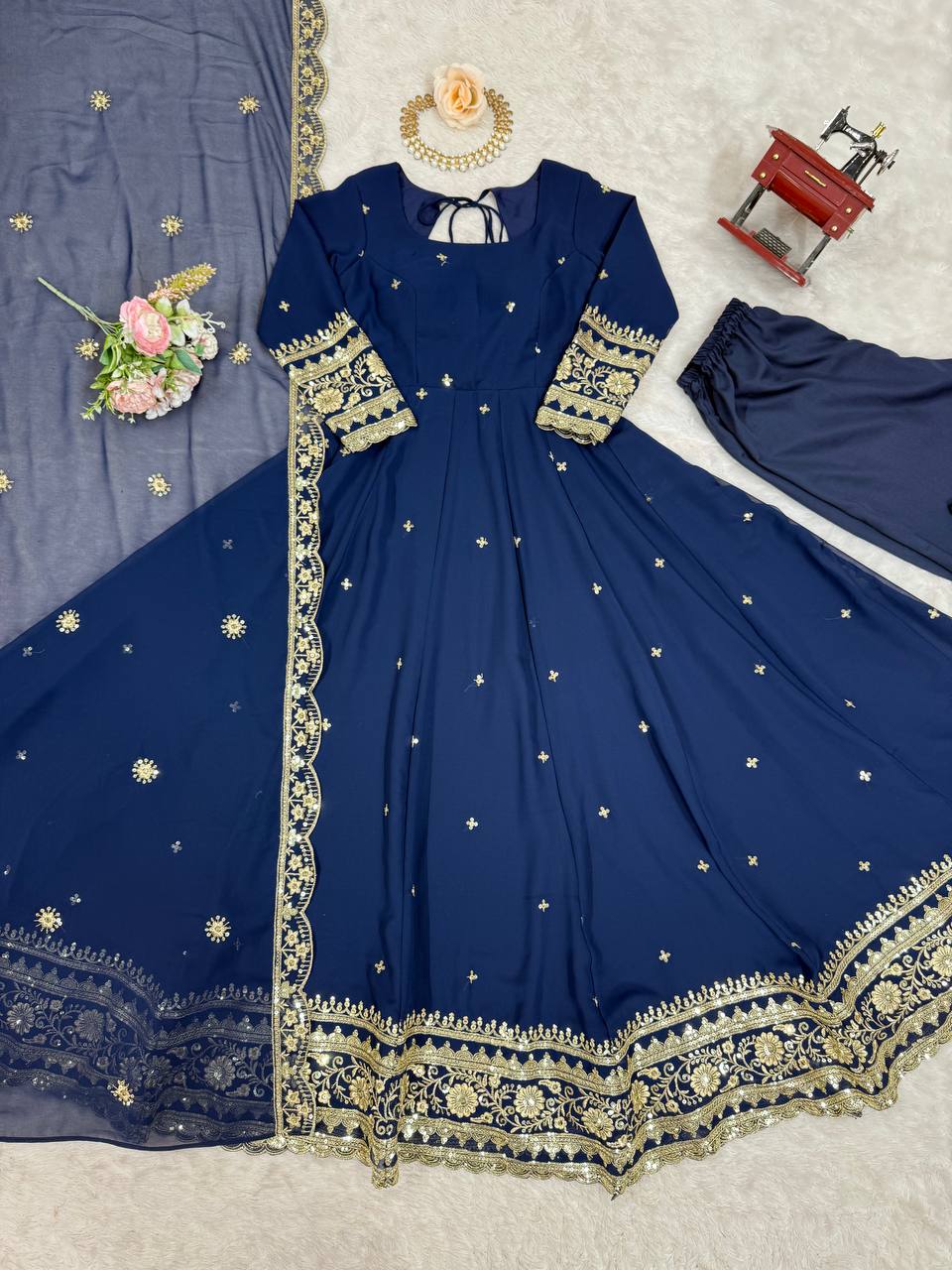 Navy Blue Heavy Embroidered Anarkali Gown Set