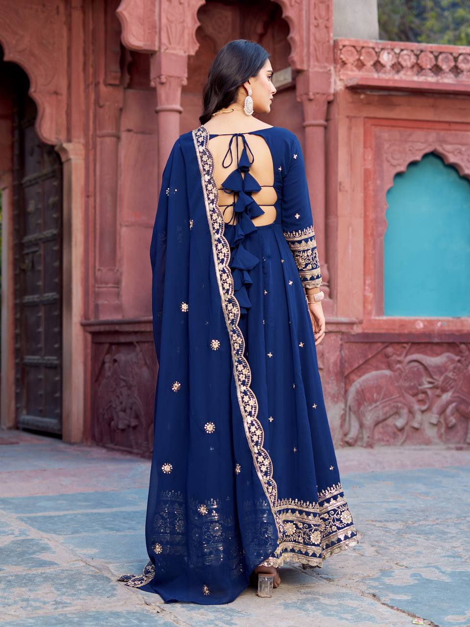 Navy Blue Heavy Embroidered Anarkali Gown Set