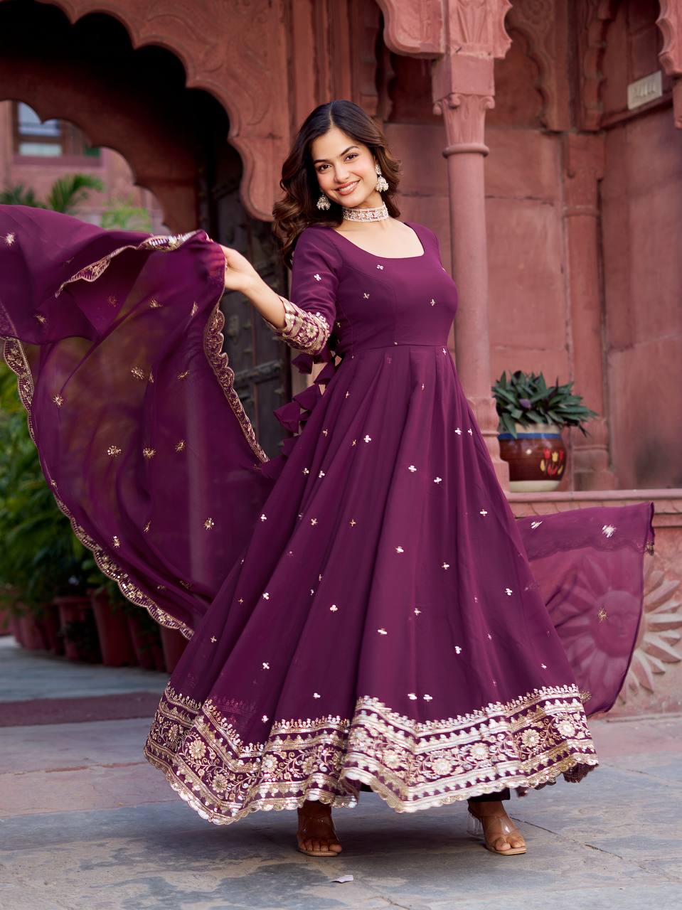 Wine Purple Heavy Embroidered Anarkali Gown Set
