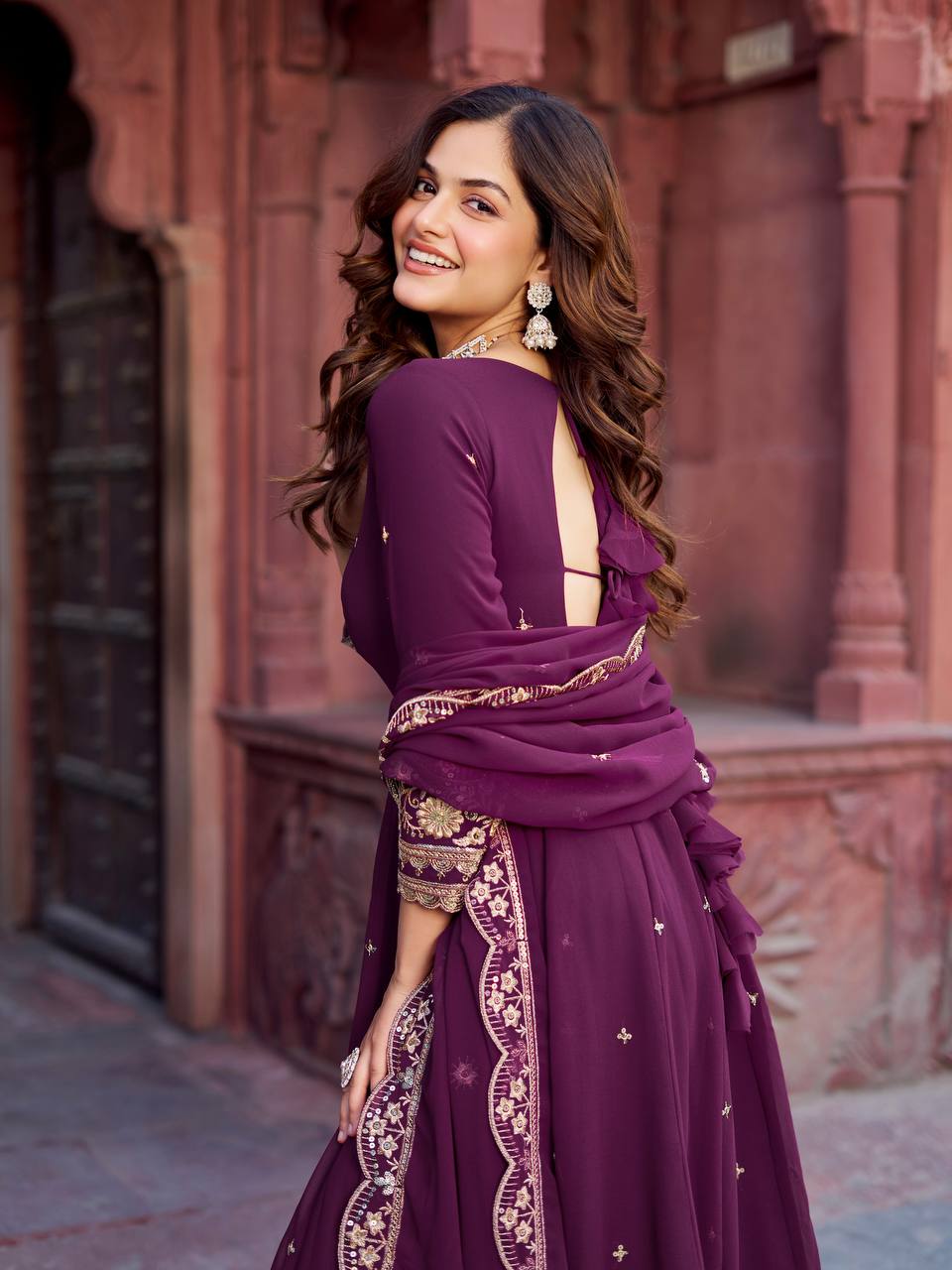 Wine Purple Heavy Embroidered Anarkali Gown Set