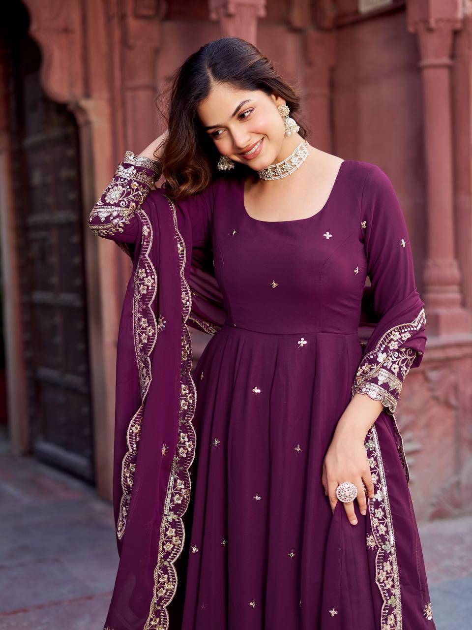 Wine Purple Heavy Embroidered Anarkali Gown Set