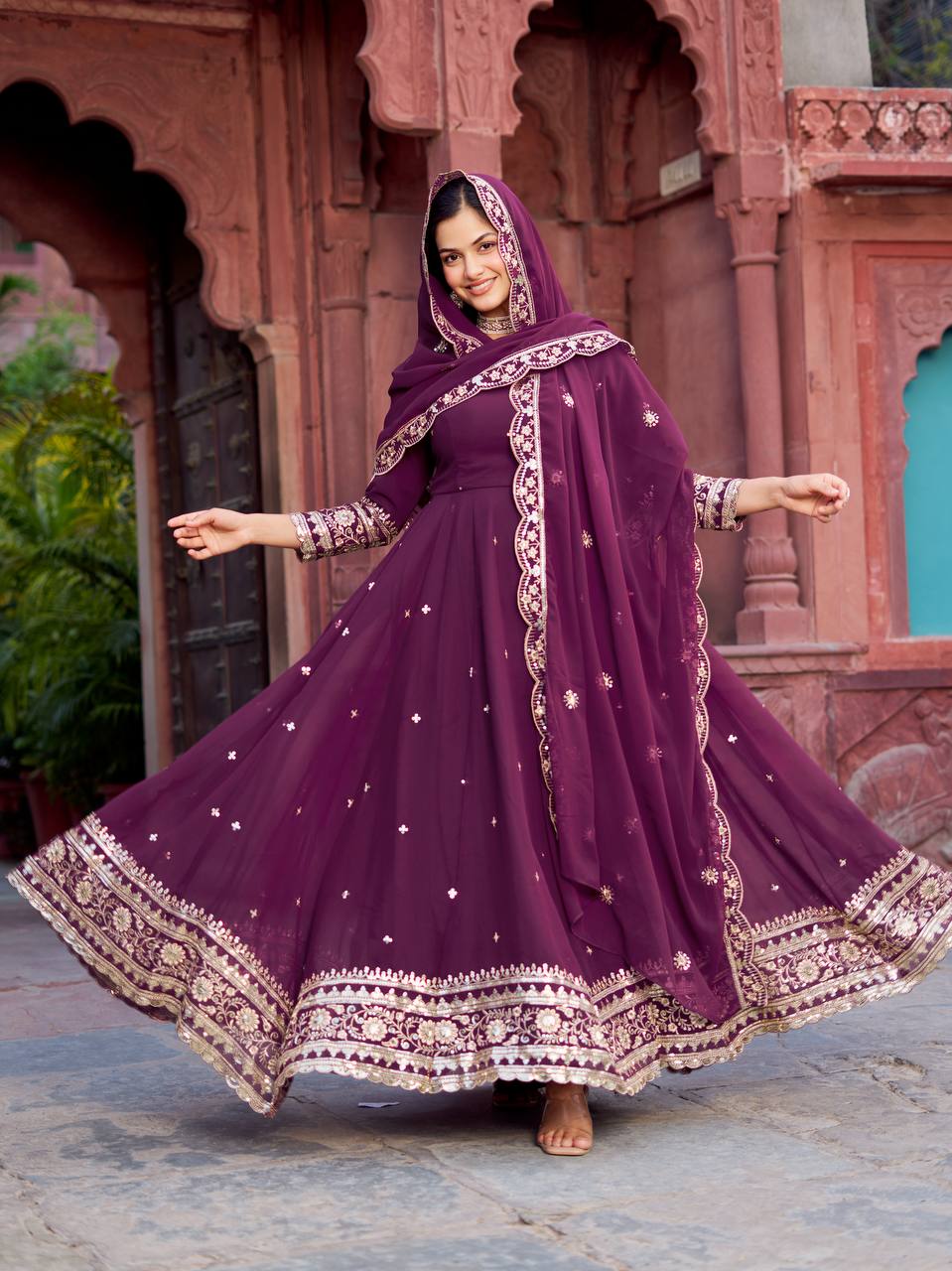Wine Purple Heavy Embroidered Anarkali Gown Set