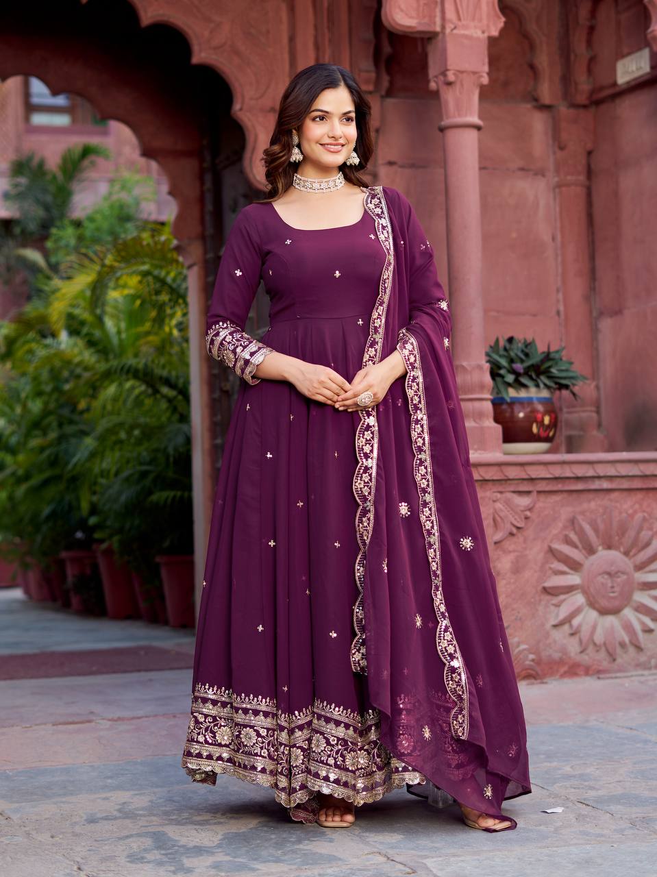 Wine Purple Heavy Embroidered Anarkali Gown Set