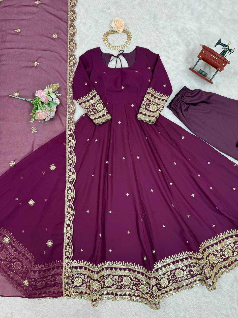 Wine Purple Heavy Embroidered Anarkali Gown Set