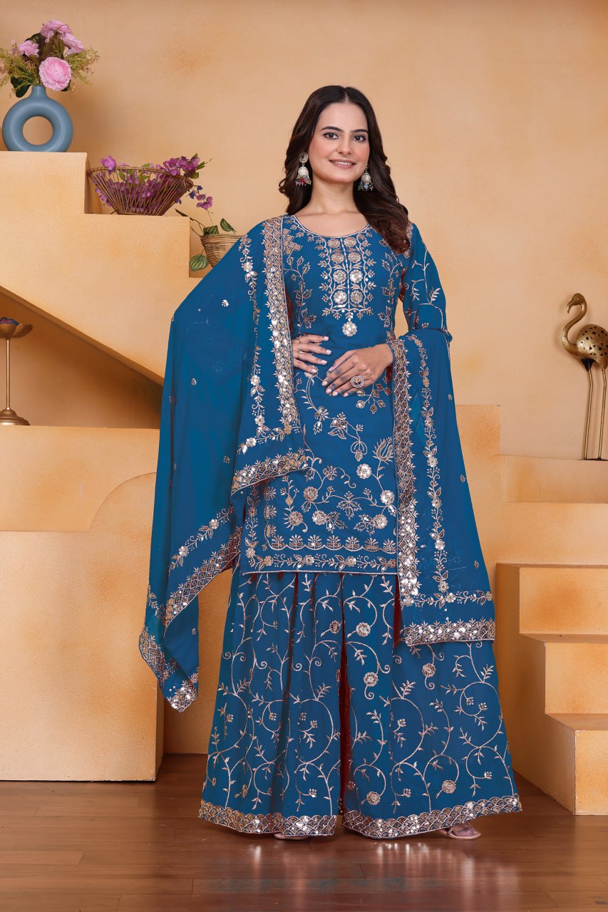 Premium Teal Blue Embroidered Georgette Sharara Suit Set with Matching Dupatta