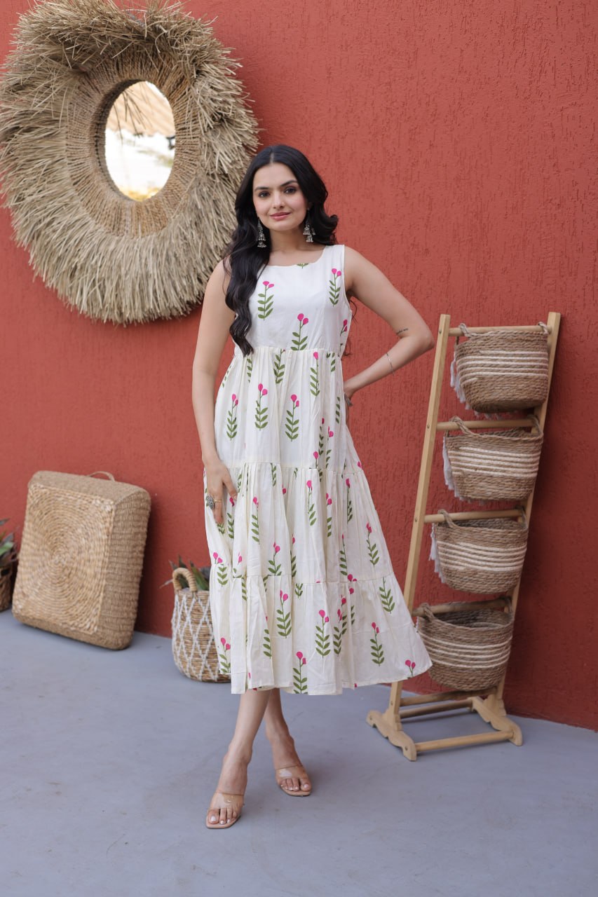 Elegant Floral Cotton Midi Dress for Women