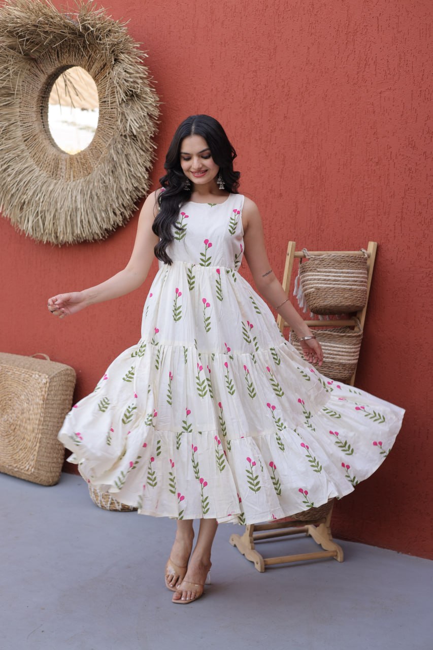 Elegant Floral Cotton Midi Dress for Women