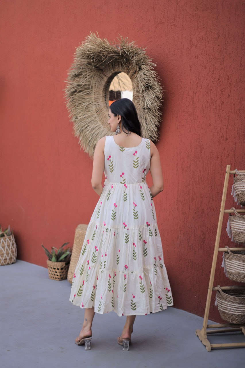 Elegant Floral Cotton Midi Dress for Women