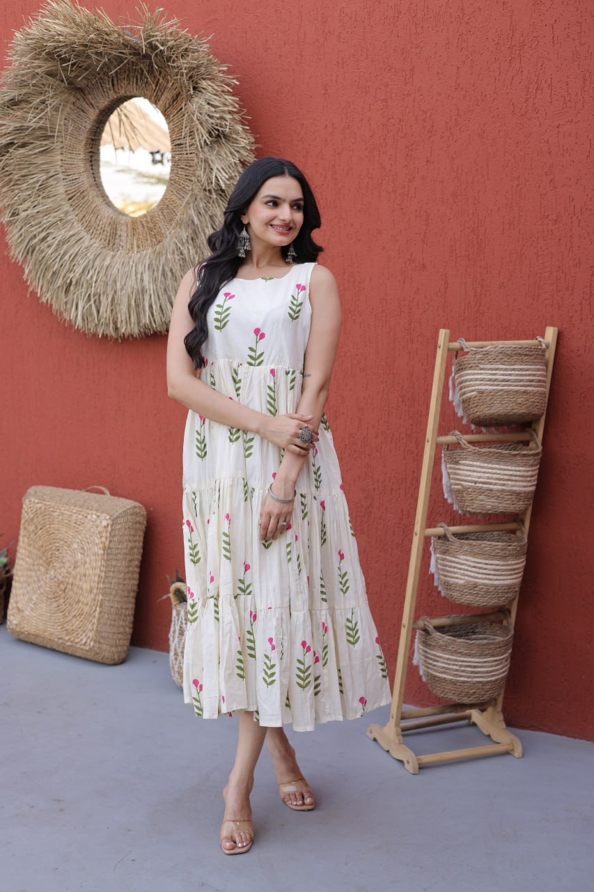 Elegant Floral Cotton Midi Dress for Women