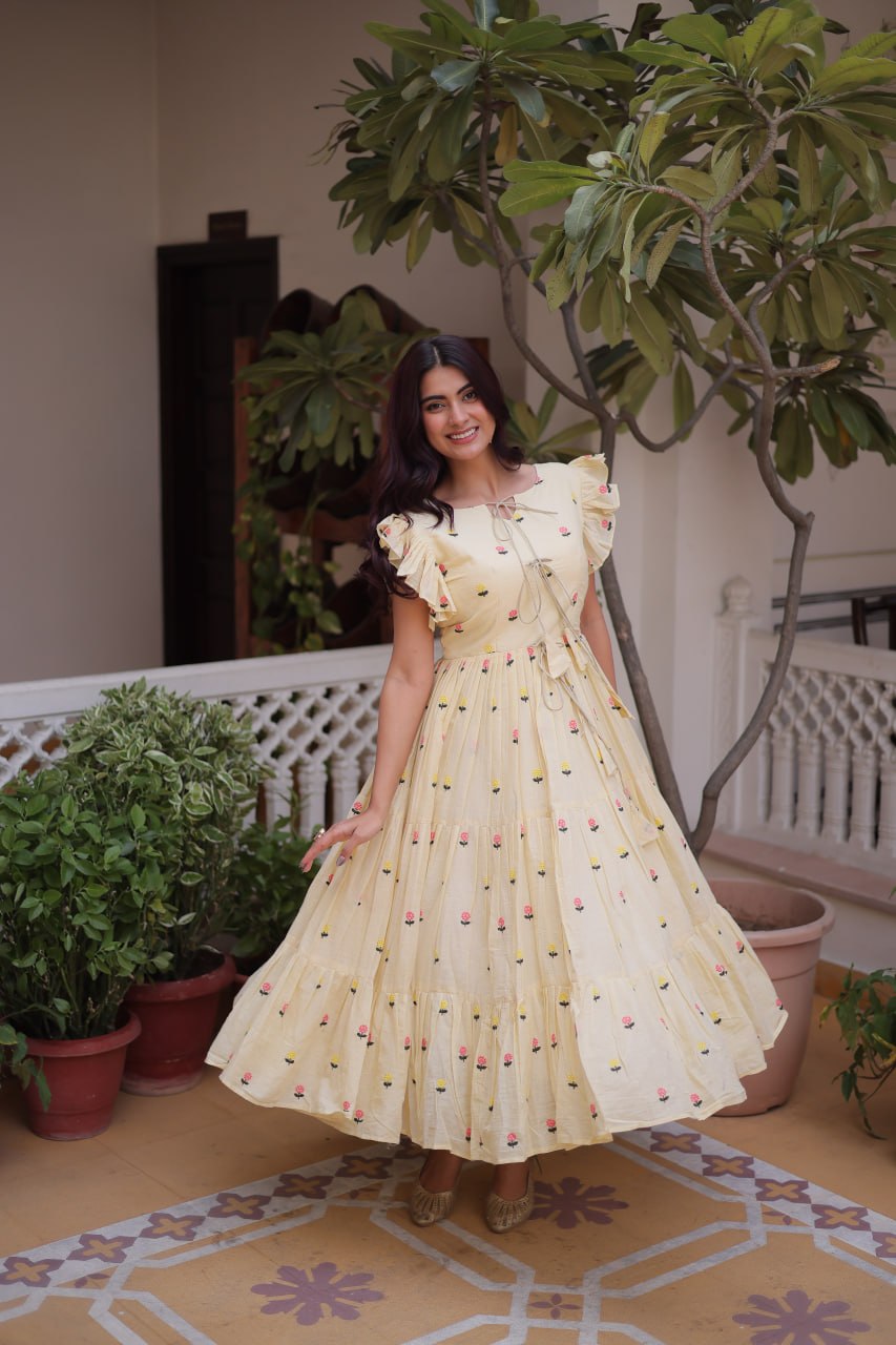 Women's Yellow Floral Cotton Maxi Dress with Ruffle Sleeves
