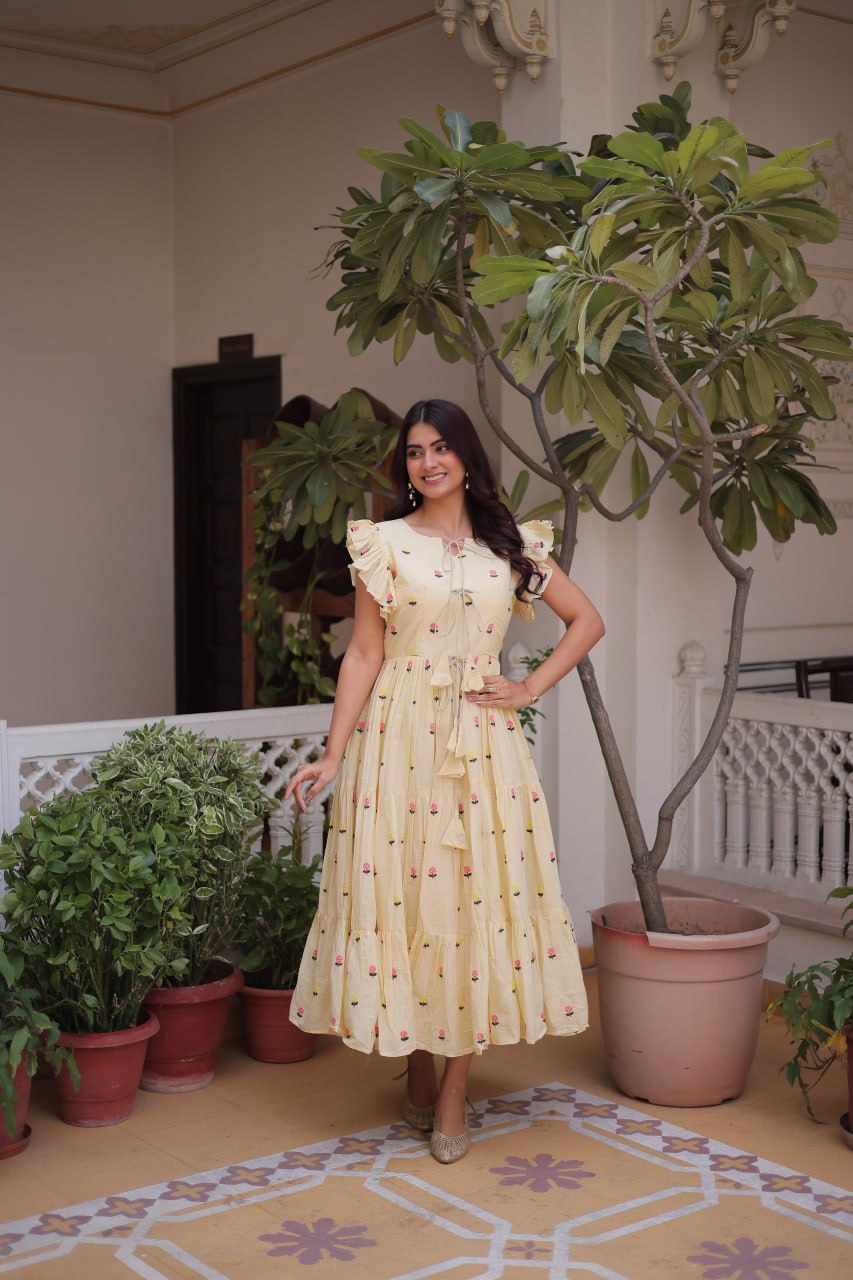 Women's Yellow Floral Cotton Maxi Dress with Ruffle Sleeves