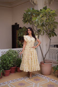 Women's Yellow Floral Cotton Maxi Dress with Ruffle Sleeves