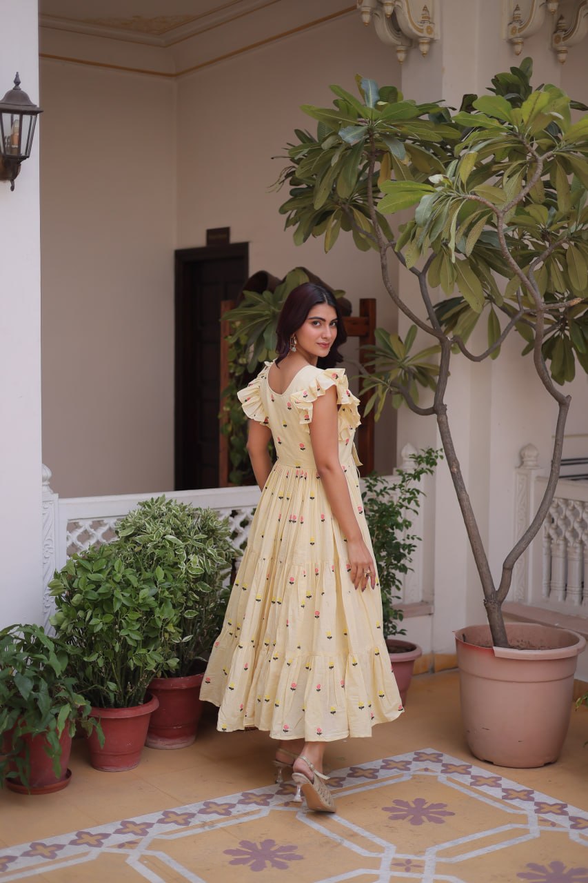 Women's Yellow Floral Cotton Maxi Dress with Ruffle Sleeves