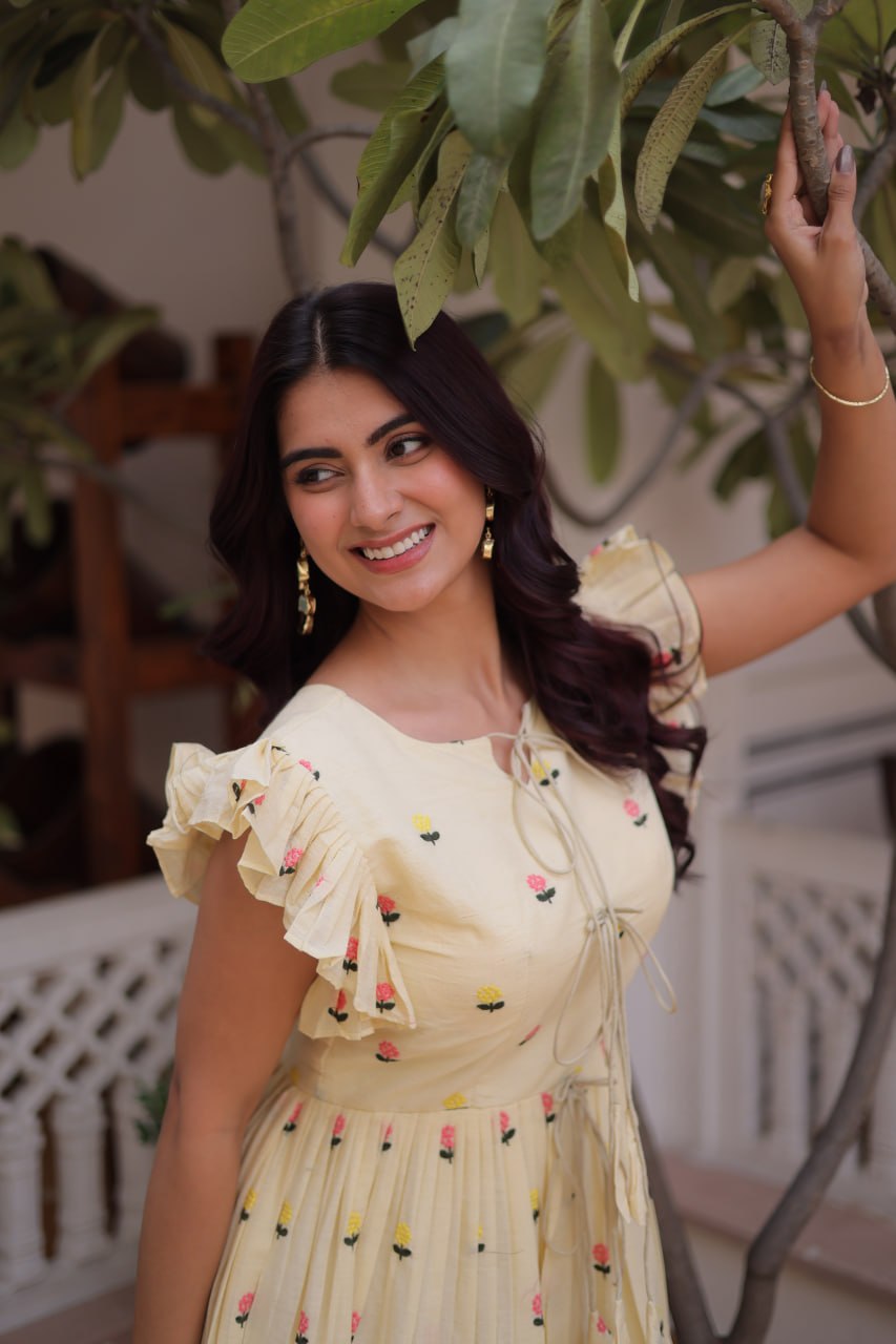 Women's Yellow Floral Cotton Maxi Dress with Ruffle Sleeves