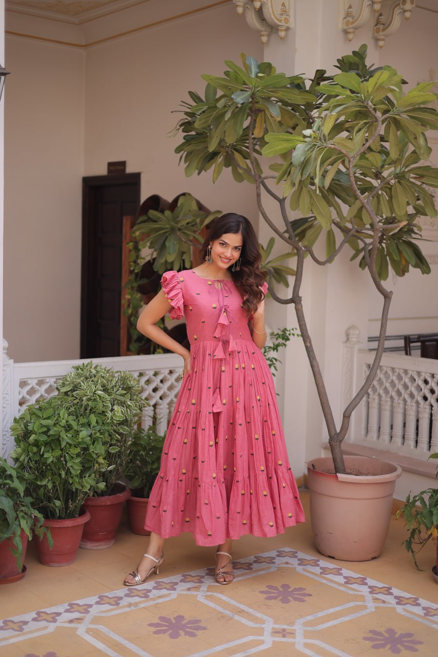 Women's Pink Floral Cotton Maxi Dress with Ruffle Sleeves