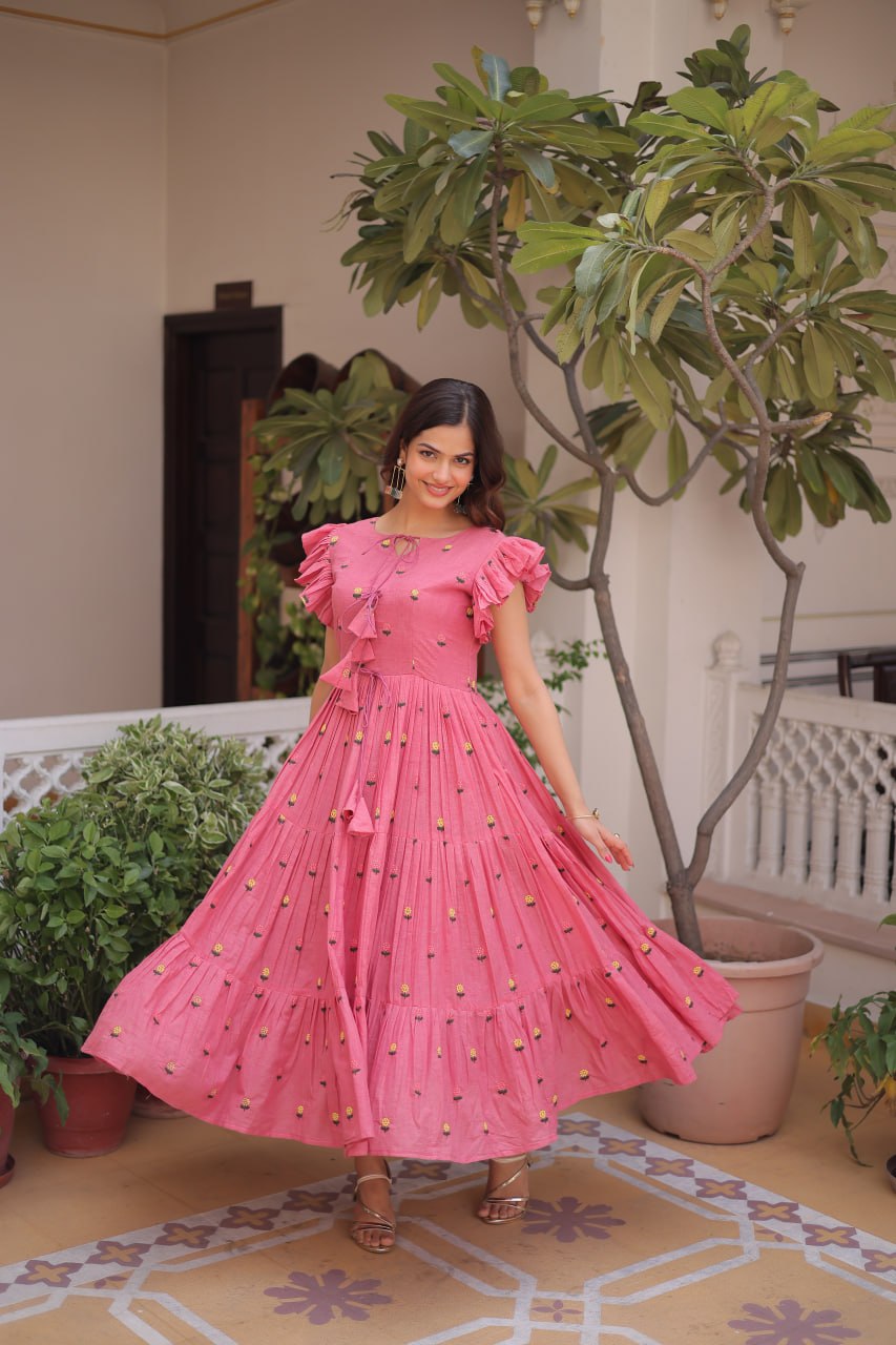 Women's Pink Floral Cotton Maxi Dress with Ruffle Sleeves