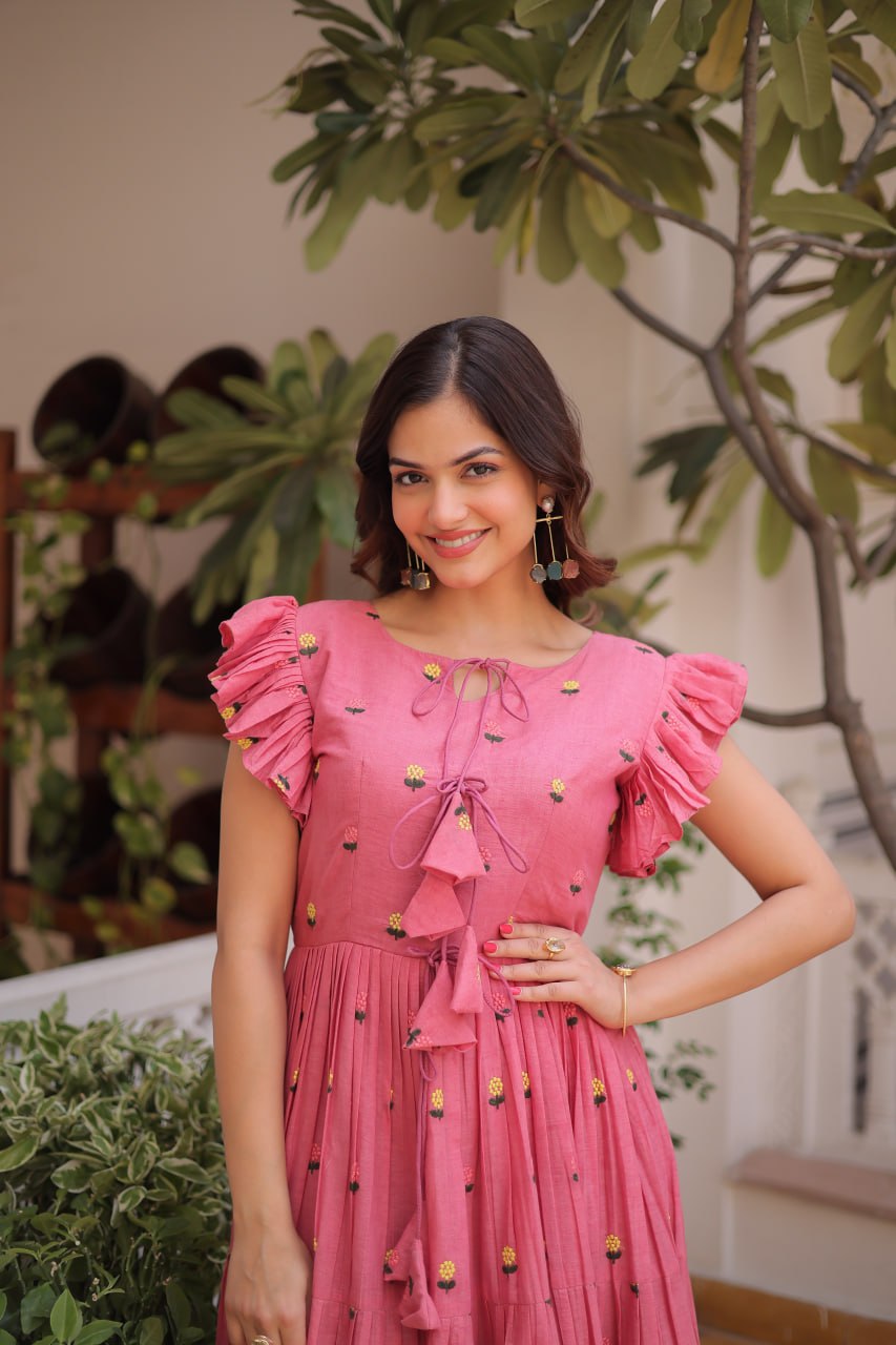 Women's Pink Floral Cotton Maxi Dress with Ruffle Sleeves