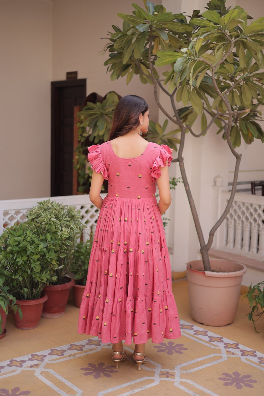 Women's Pink Floral Cotton Maxi Dress with Ruffle Sleeves