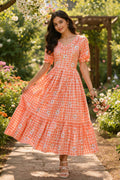Peach Gingham Floral Cotton Maxi Dress for Women
